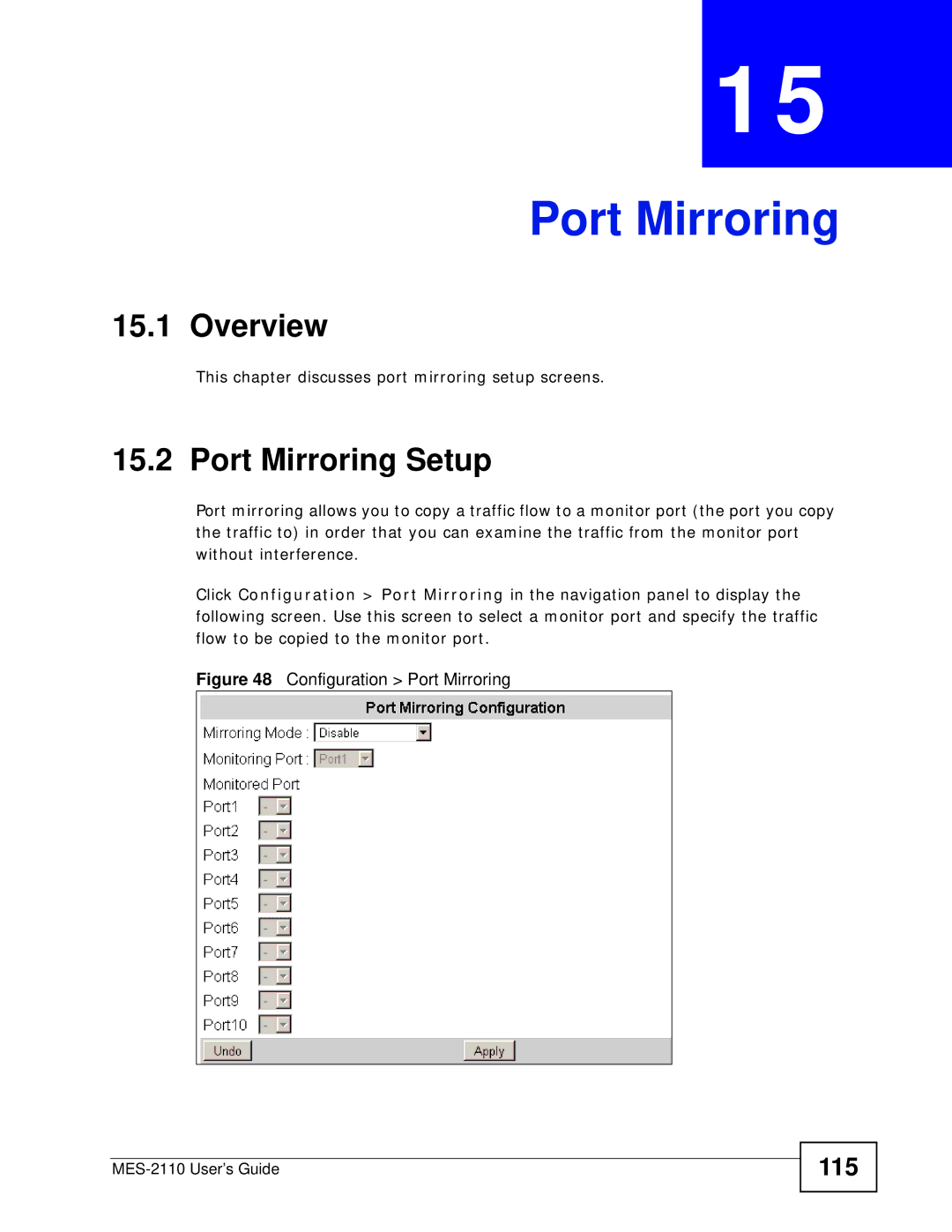 ZyXEL Communications MES-2110 manual Port Mirroring Setup, 115 