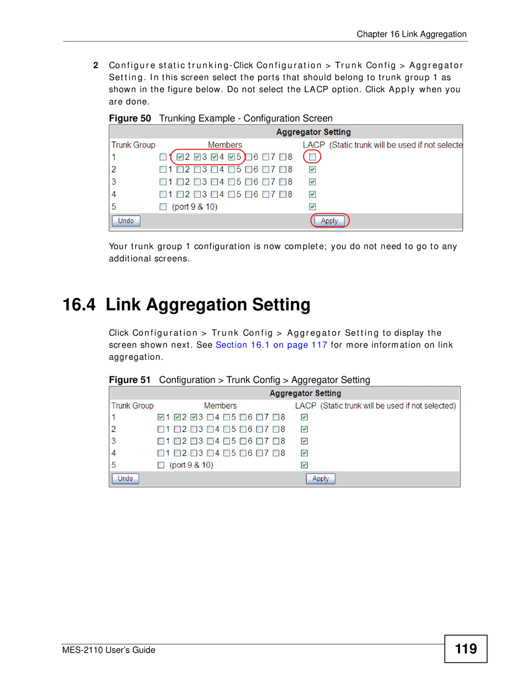 ZyXEL Communications MES-2110 manual Link Aggregation Setting, 119 