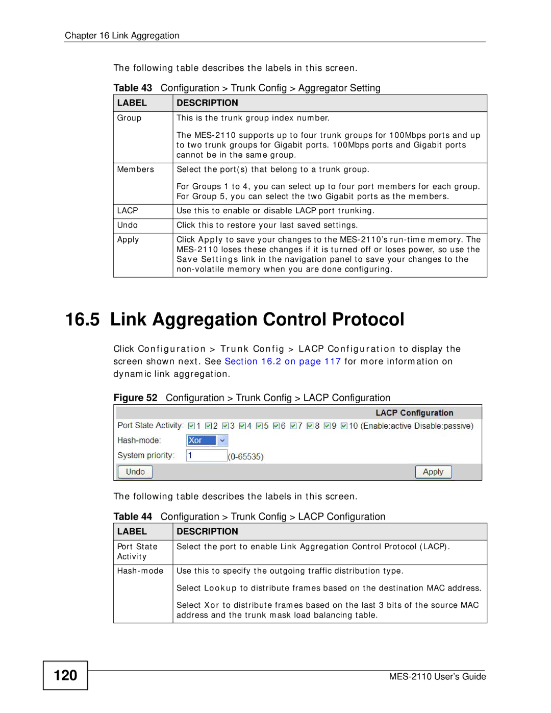 ZyXEL Communications MES-2110 manual Link Aggregation Control Protocol, 120, Lacp 