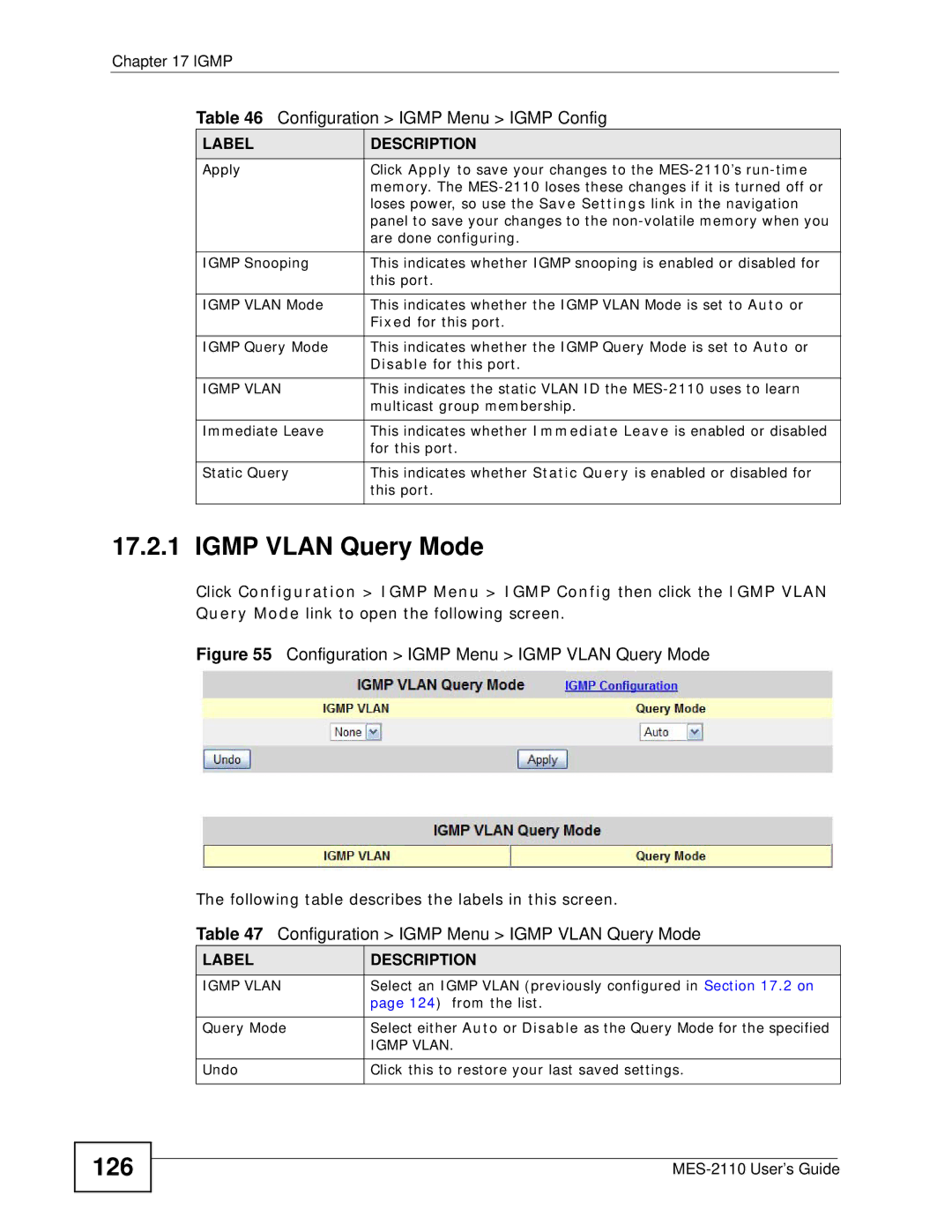 ZyXEL Communications MES-2110 manual Igmp Vlan Query Mode, 126 