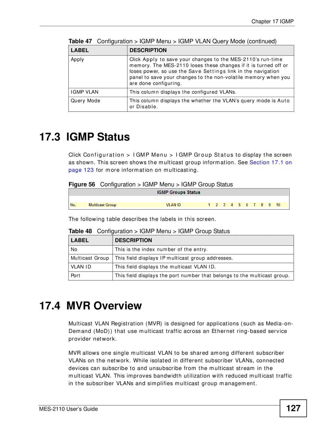 ZyXEL Communications MES-2110 manual Igmp Status, MVR Overview, 127 