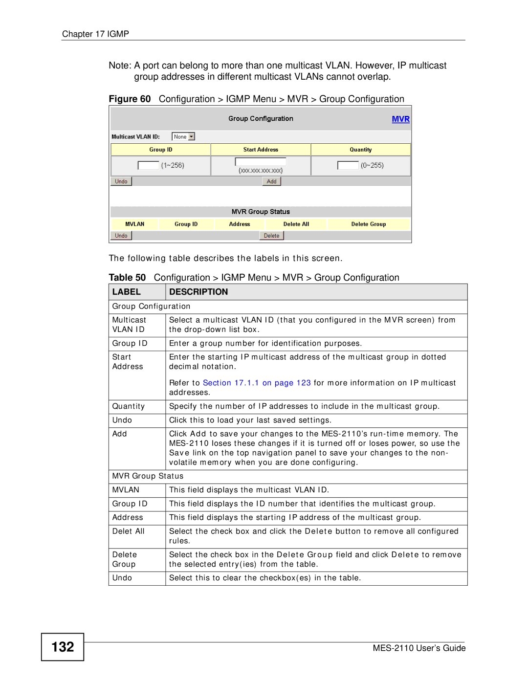 ZyXEL Communications MES-2110 manual 132, Group Configuration, Drop-down list box, MVR Group Status, Mvlan 