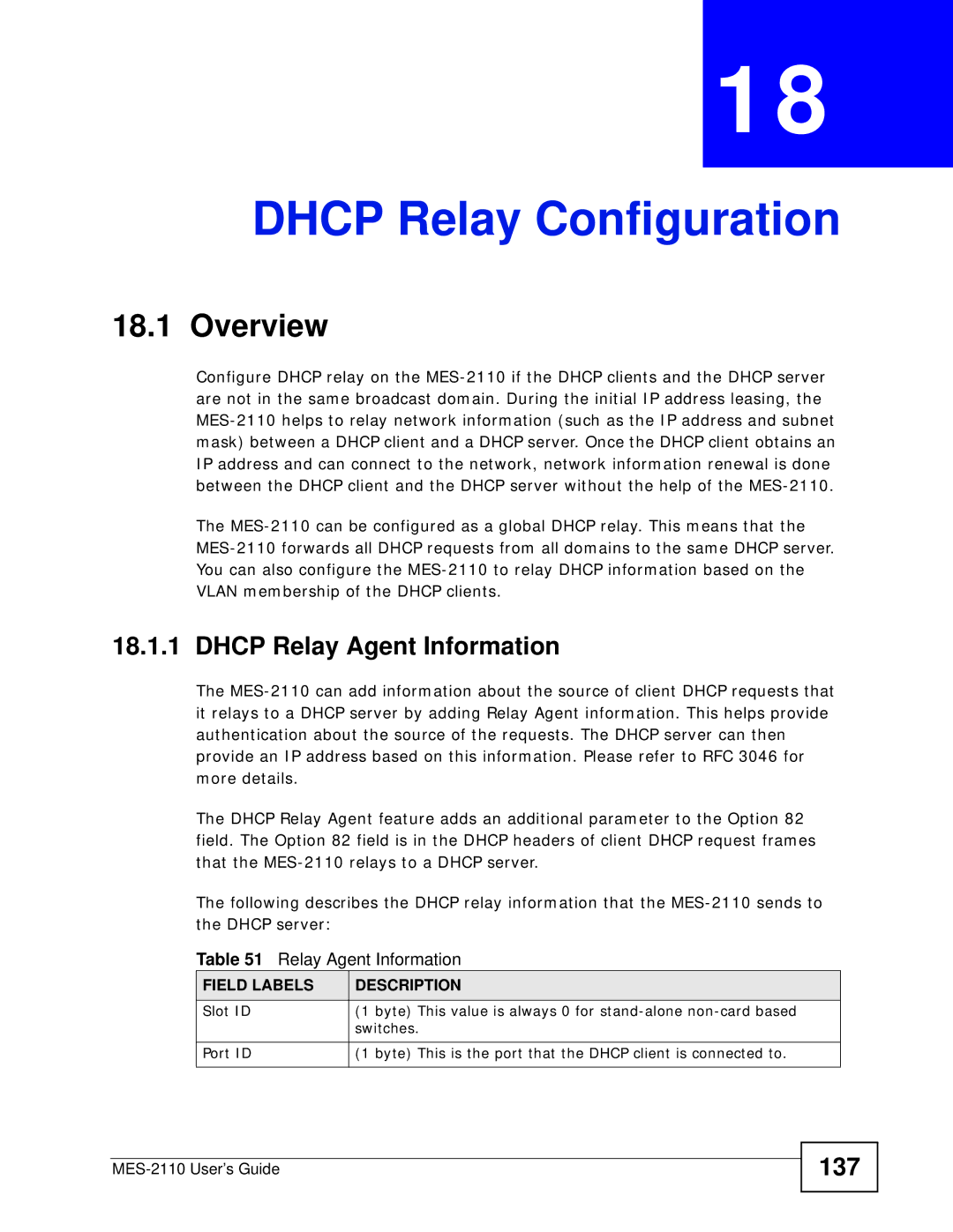 ZyXEL Communications MES-2110 manual Dhcp Relay Configuration, Dhcp Relay Agent Information, 137, Field Labels Description 