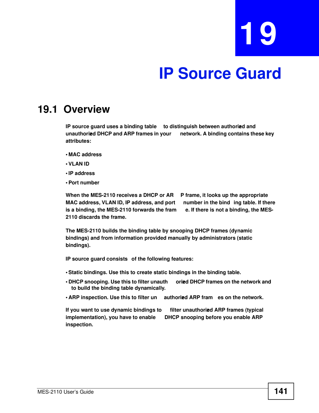 ZyXEL Communications MES-2110 manual IP Source Guard, 141 