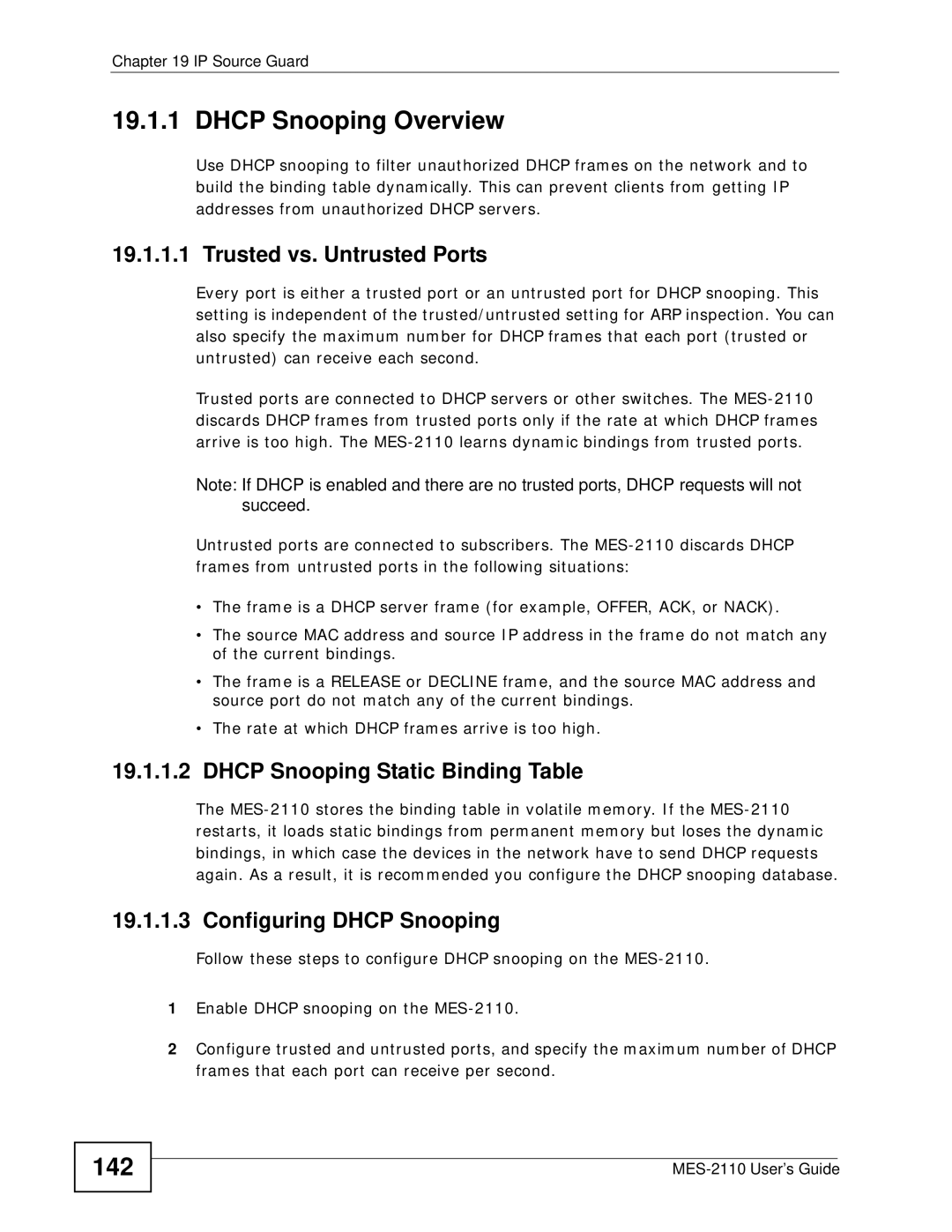 ZyXEL Communications MES-2110 manual Dhcp Snooping Overview, 142 