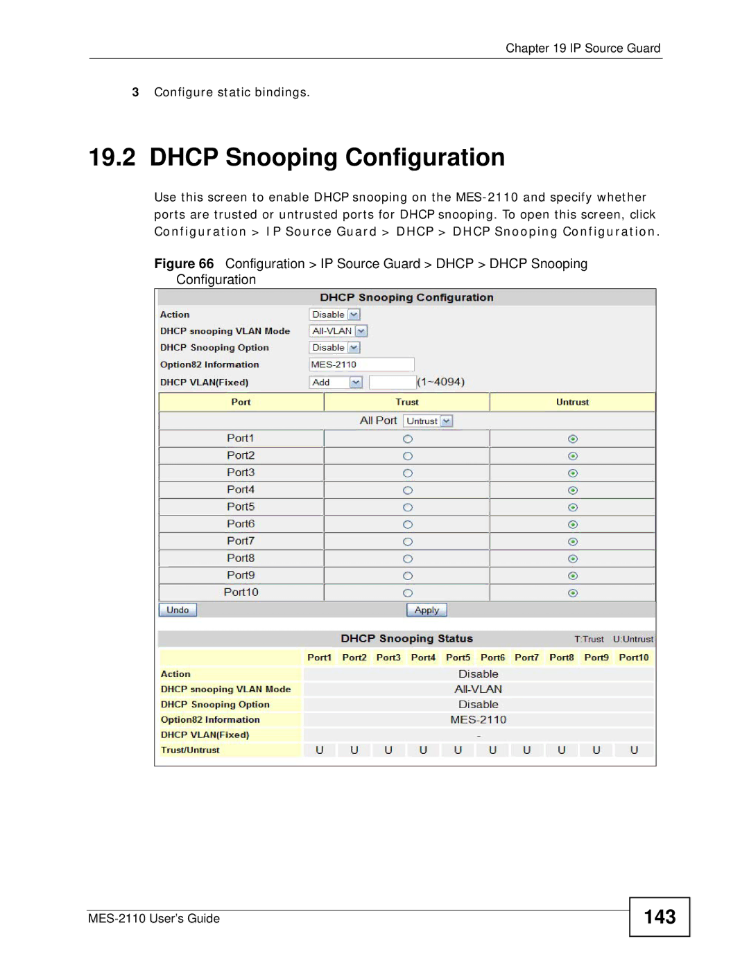 ZyXEL Communications MES-2110 manual Dhcp Snooping Configuration, 143 