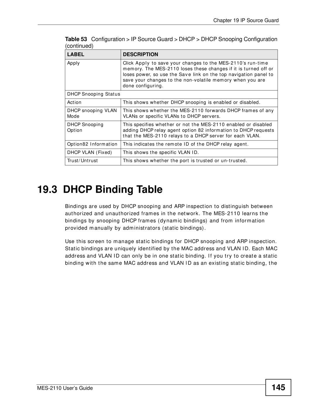 ZyXEL Communications MES-2110 manual Dhcp Binding Table, 145, Mode VLANs or specific VLANs to Dhcp servers Dhcp Snooping 