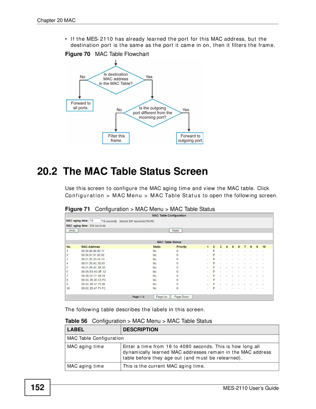 ZyXEL Communications MES-2110 manual MAC Table Status Screen, 152 