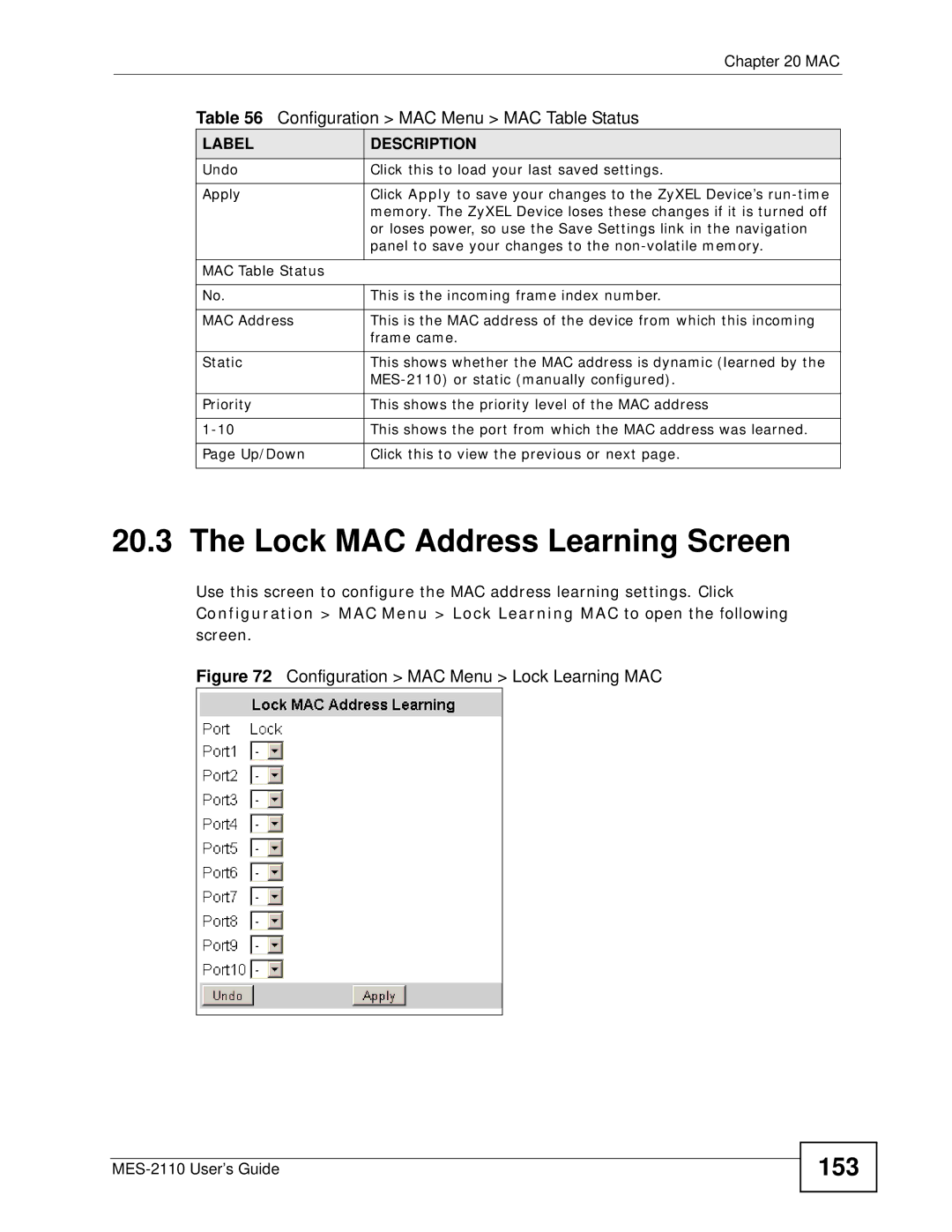 ZyXEL Communications Lock MAC Address Learning Screen, 153, MES-2110 or static manually configured 