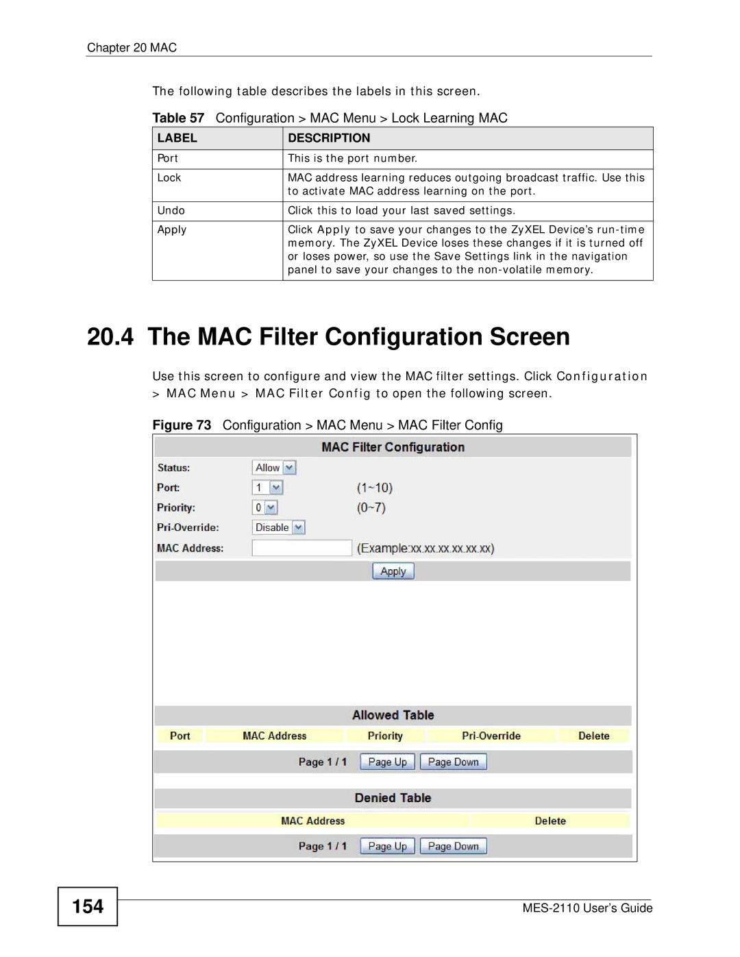 ZyXEL Communications MES-2110 manual MAC Filter Configuration Screen, 154, Port This is the port number Lock 