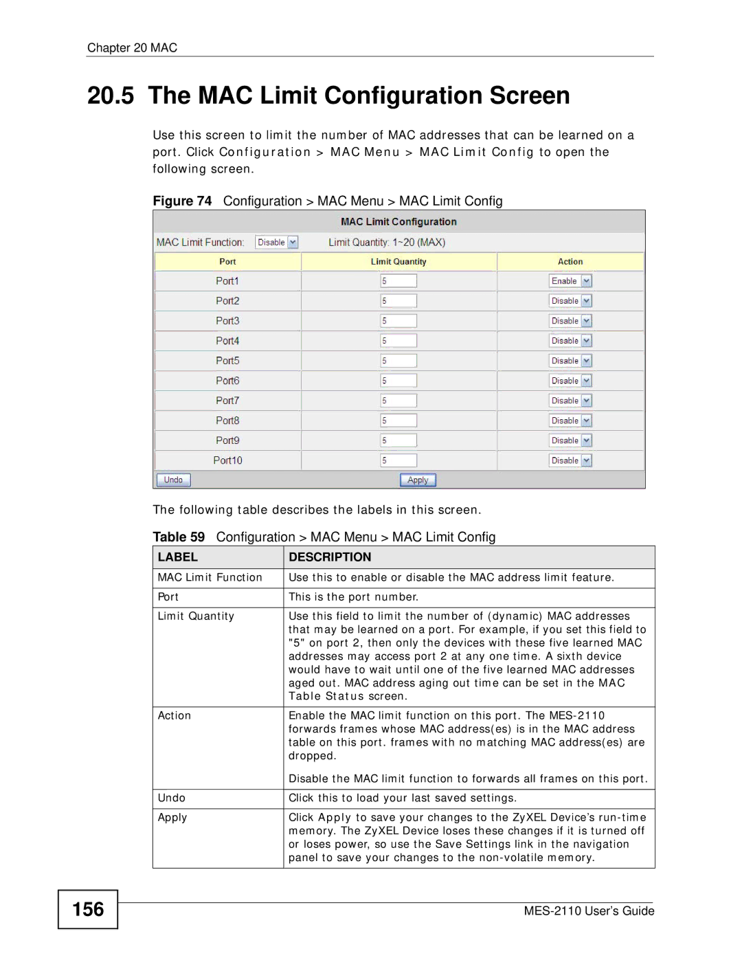 ZyXEL Communications MES-2110 manual MAC Limit Configuration Screen, 156, Dropped 