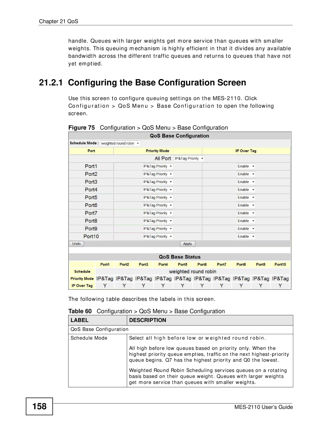 ZyXEL Communications MES-2110 manual Configuring the Base Configuration Screen, 158 