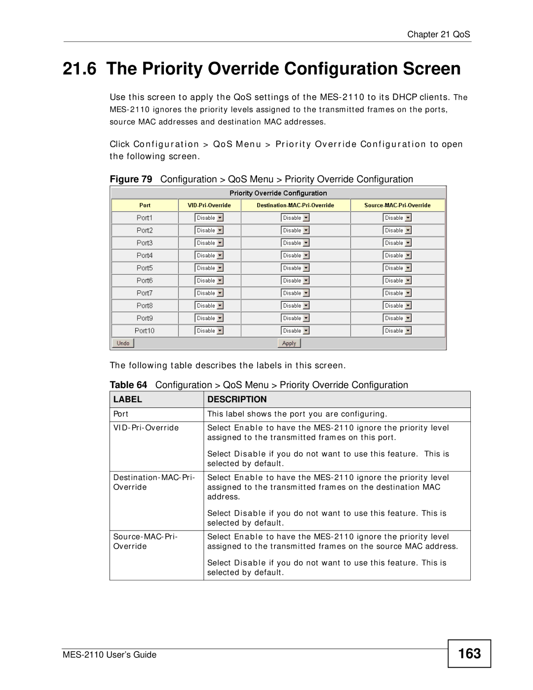 ZyXEL Communications MES-2110 manual Priority Override Configuration Screen, 163 