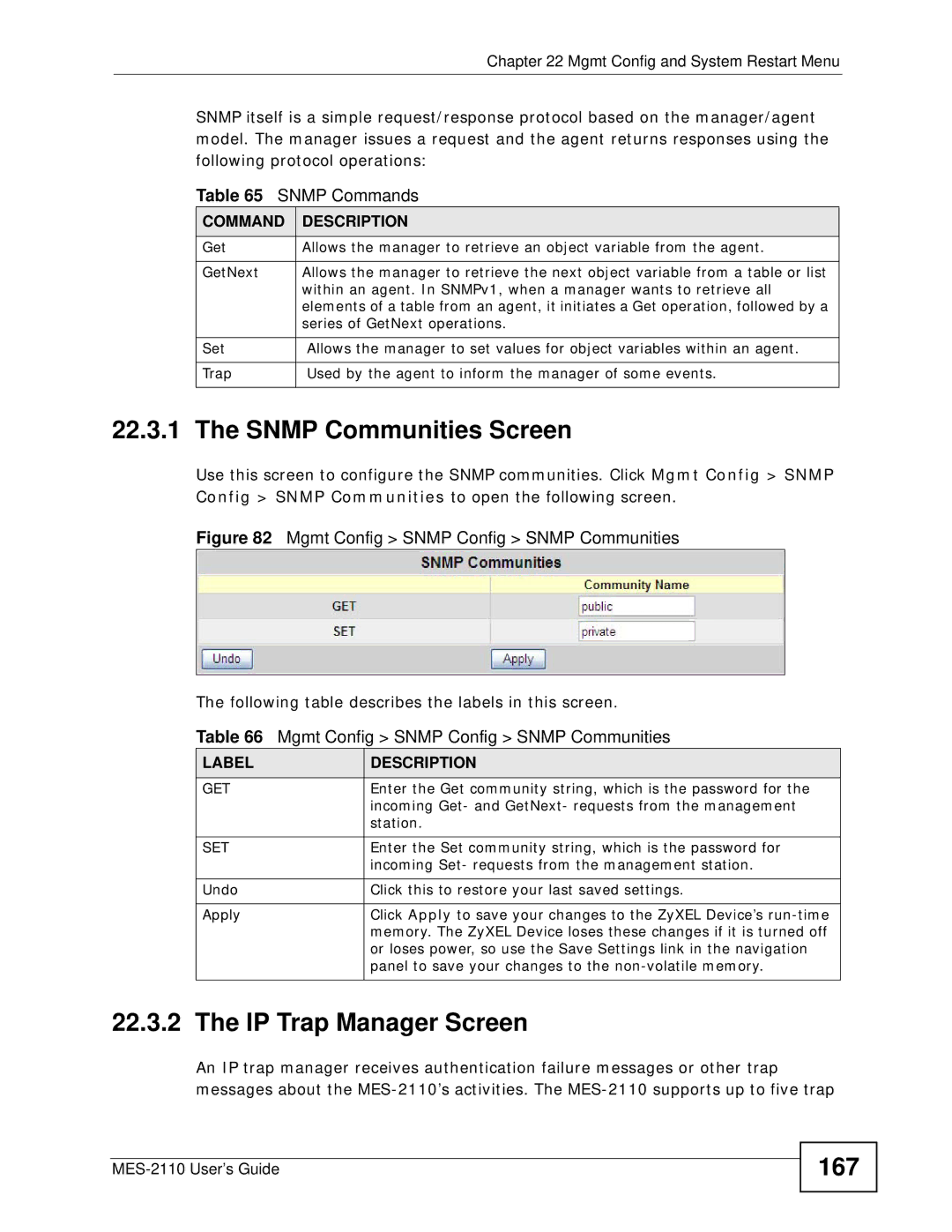 ZyXEL Communications MES-2110 Snmp Communities Screen, IP Trap Manager Screen, 167, Snmp Commands, Command Description 