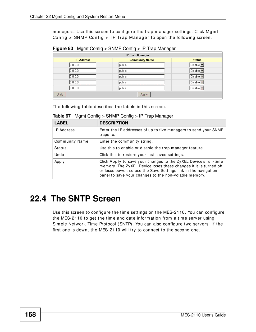 ZyXEL Communications MES-2110 manual Sntp Screen, 168, Traps to 