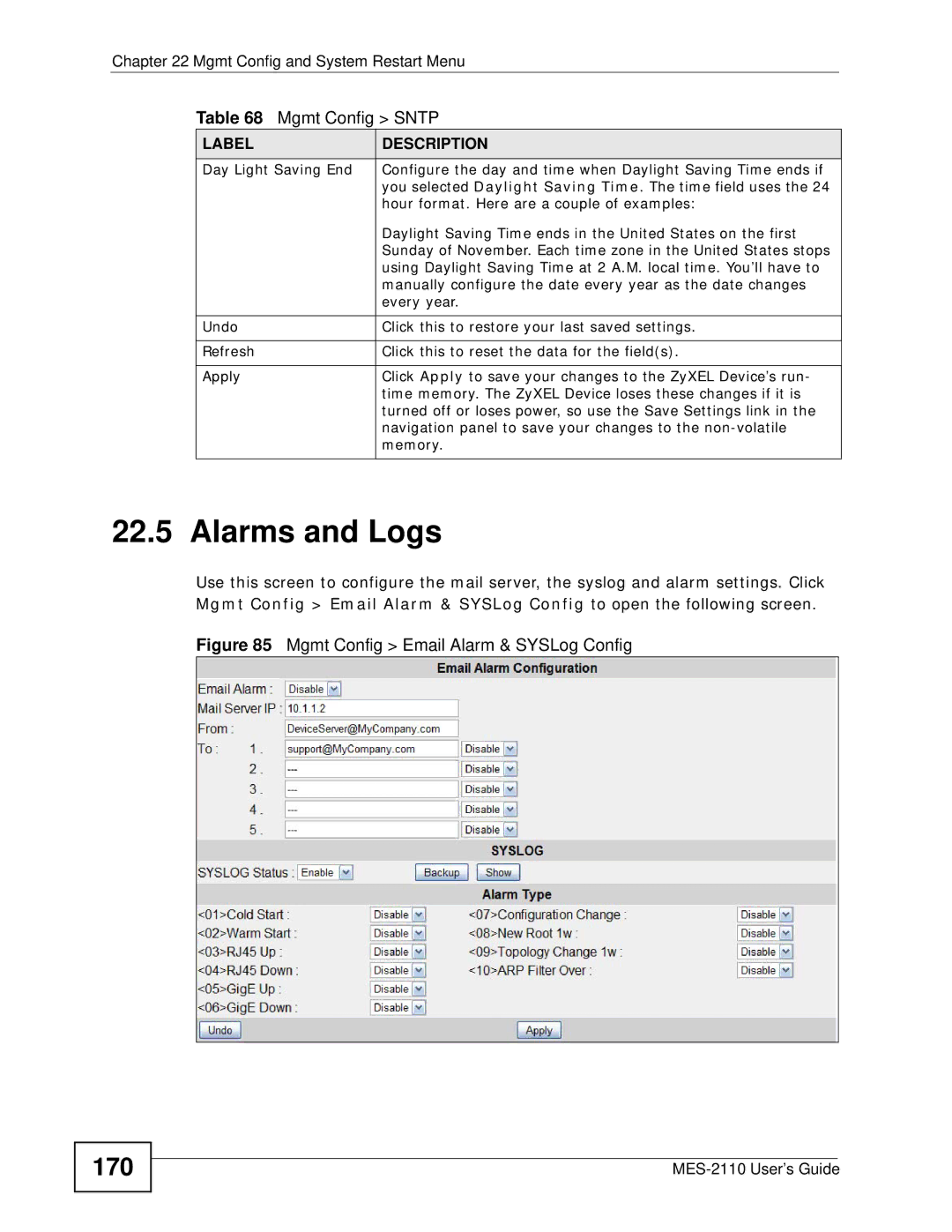 ZyXEL Communications MES-2110 manual Alarms and Logs, 170 