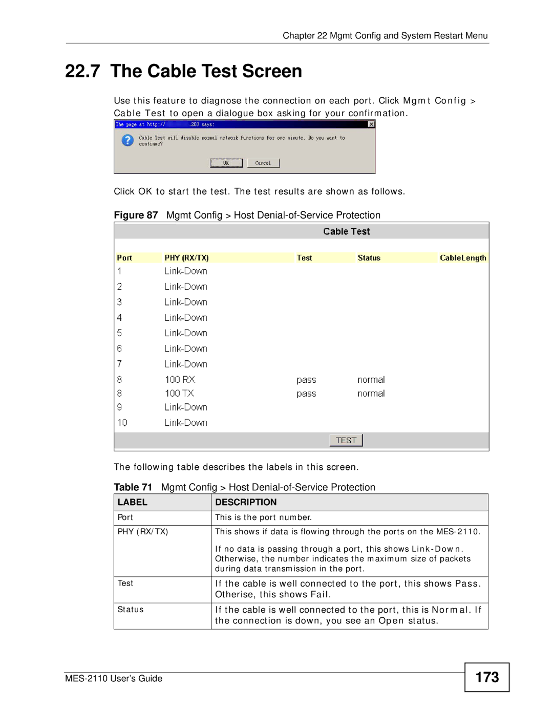 ZyXEL Communications MES-2110 manual Cable Test Screen, 173, Phy Rx/Tx 