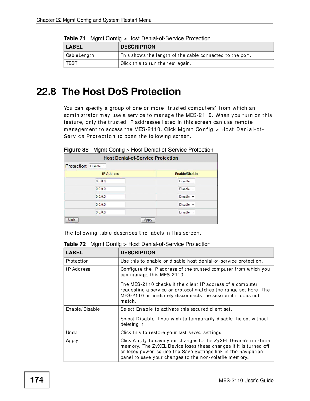 ZyXEL Communications MES-2110 manual Host DoS Protection, 174, Test 