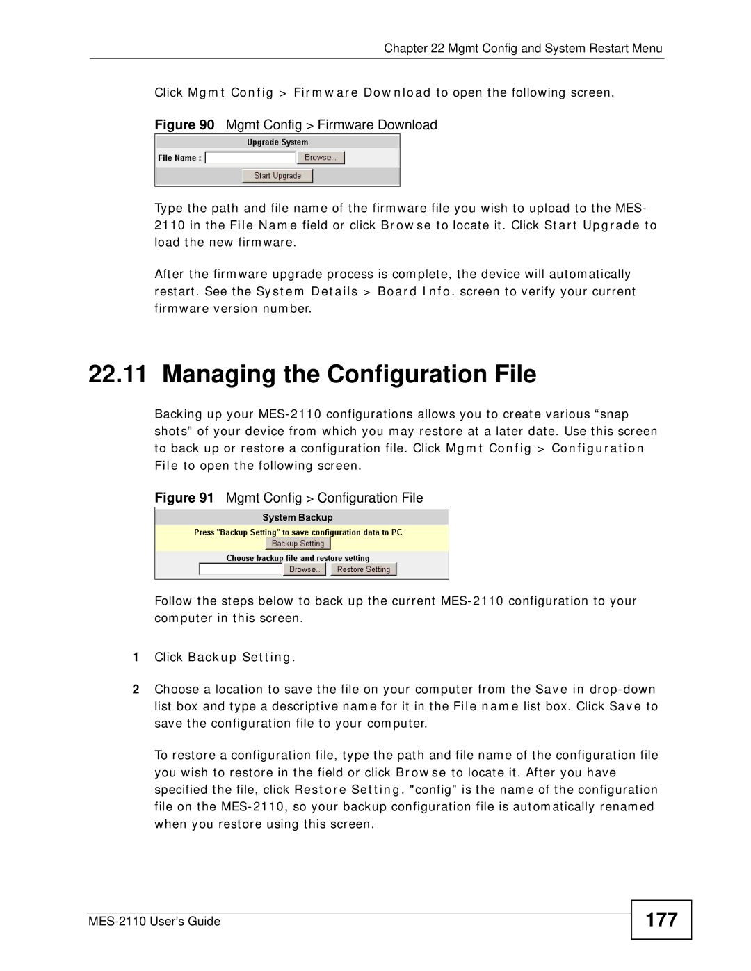 ZyXEL Communications MES-2110 manual Managing the Configuration File, 177 