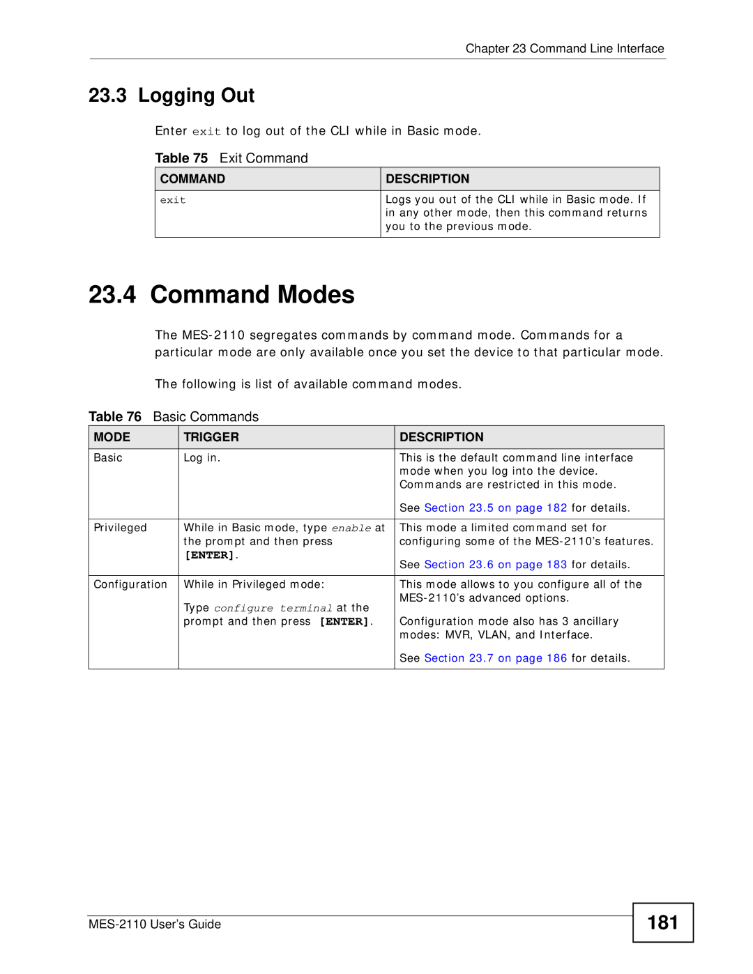 ZyXEL Communications MES-2110 manual Command Modes, Logging Out, 181, Exit Command, Basic Commands 