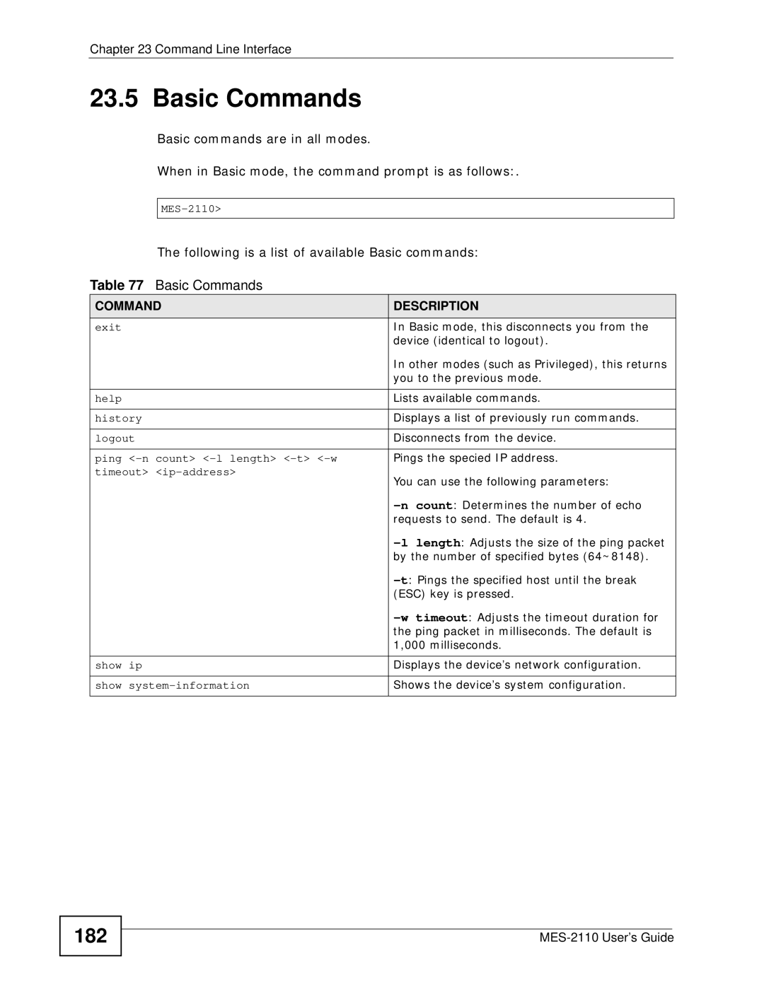 ZyXEL Communications MES-2110 manual Basic Commands, 182 