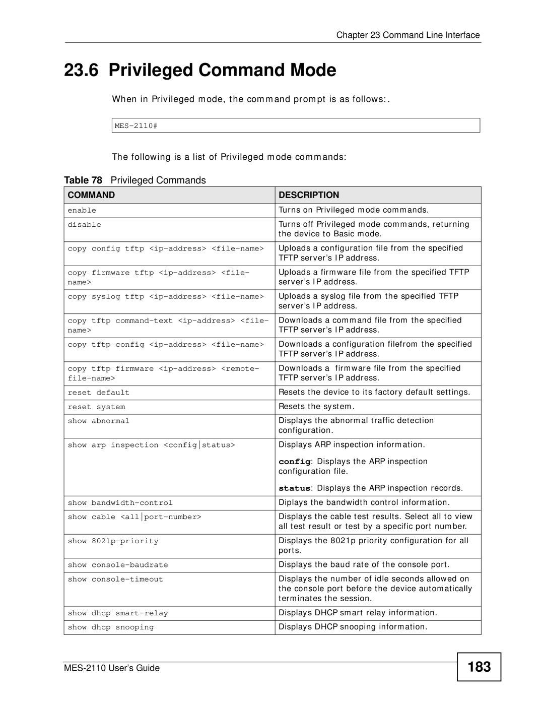 ZyXEL Communications MES-2110 manual Privileged Command Mode, 183, Privileged Commands 