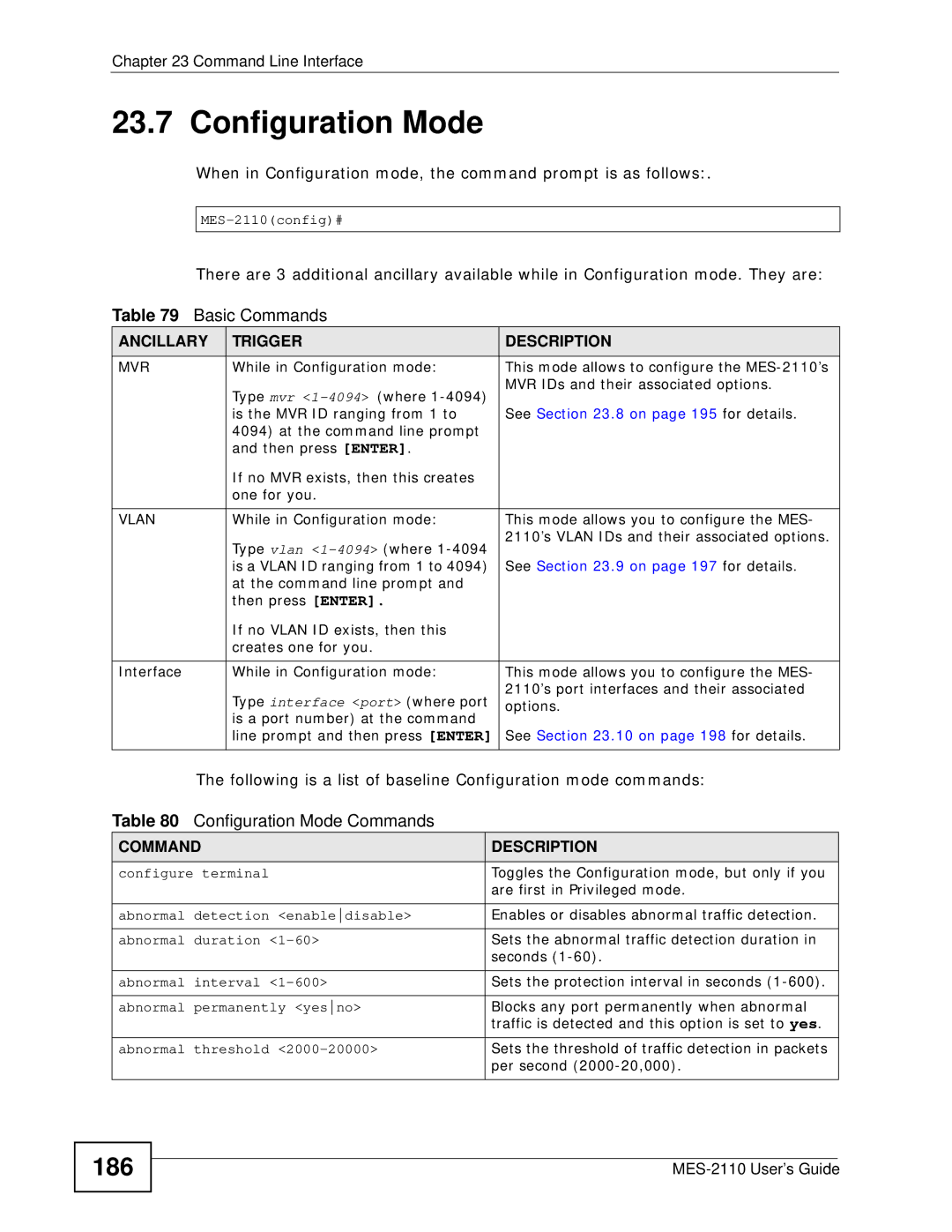 ZyXEL Communications MES-2110 manual 186, Configuration Mode Commands, Ancillary Trigger Description 