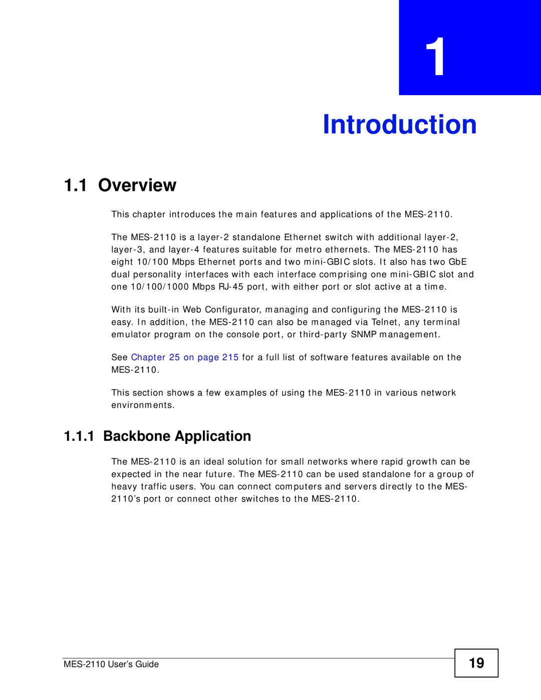 ZyXEL Communications MES-2110 manual Introduction, Overview, Backbone Application 