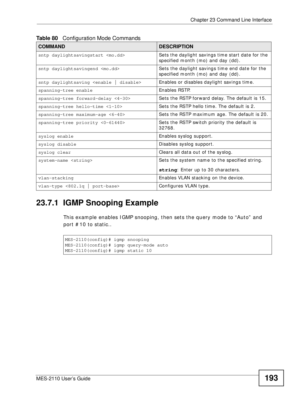 ZyXEL Communications MES-2110 manual Igmp Snooping Example, 193 