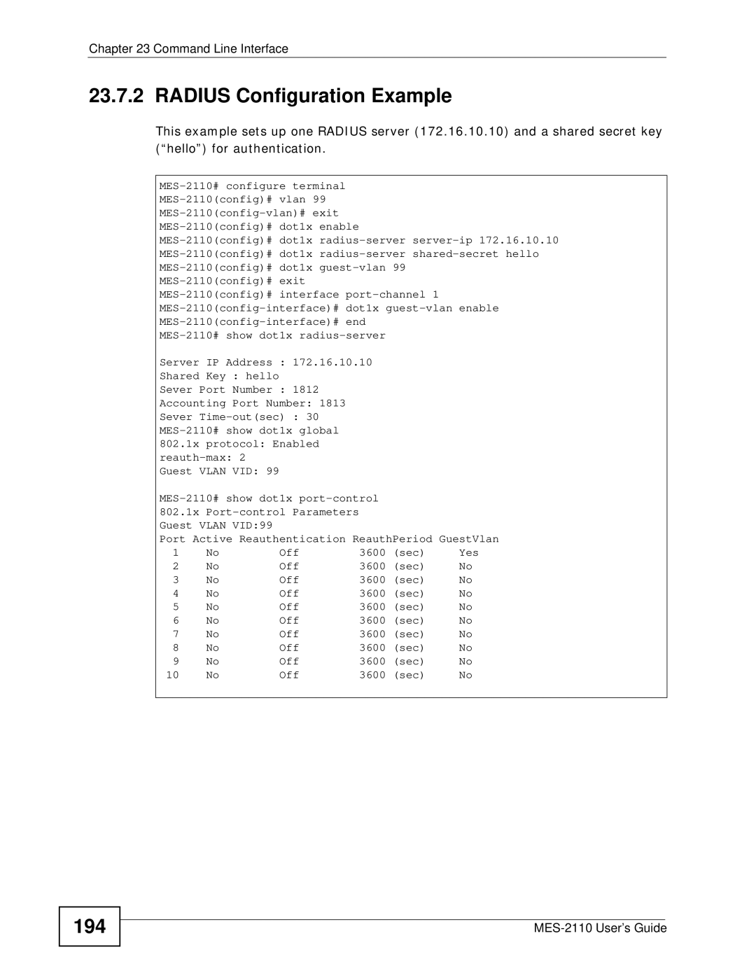 ZyXEL Communications MES-2110 manual Radius Configuration Example, 194 