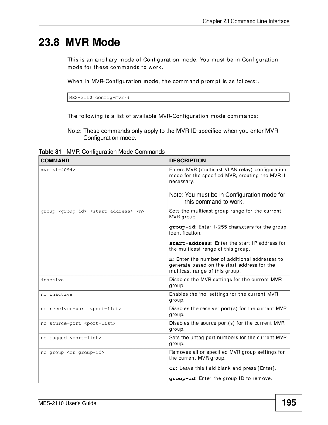 ZyXEL Communications MES-2110 manual MVR Mode, 195, MVR-Configuration Mode Commands, This command to work 