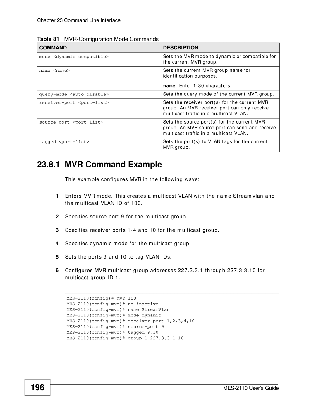 ZyXEL Communications MES-2110 manual MVR Command Example, 196 