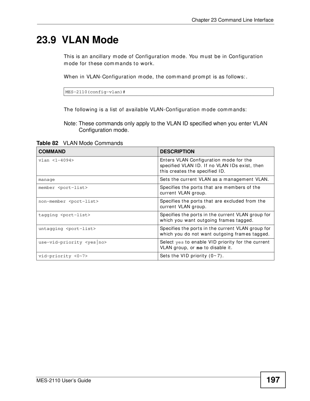 ZyXEL Communications MES-2110 manual 197, Vlan Mode Commands 