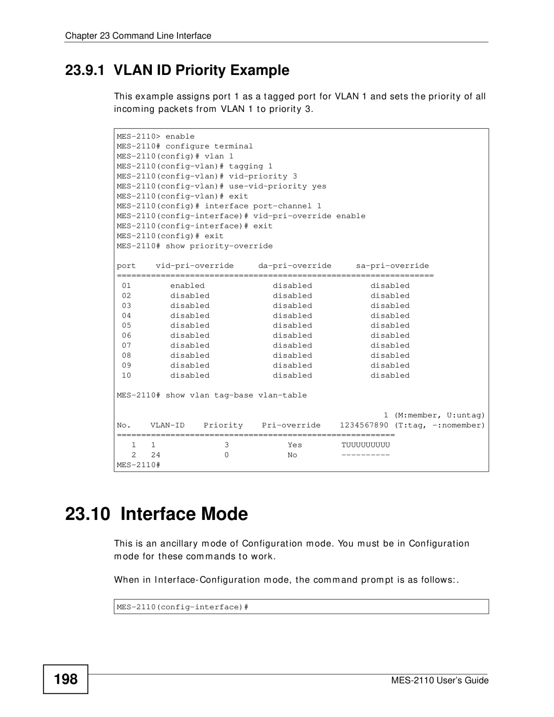 ZyXEL Communications MES-2110 manual Interface Mode, Vlan ID Priority Example, 198 