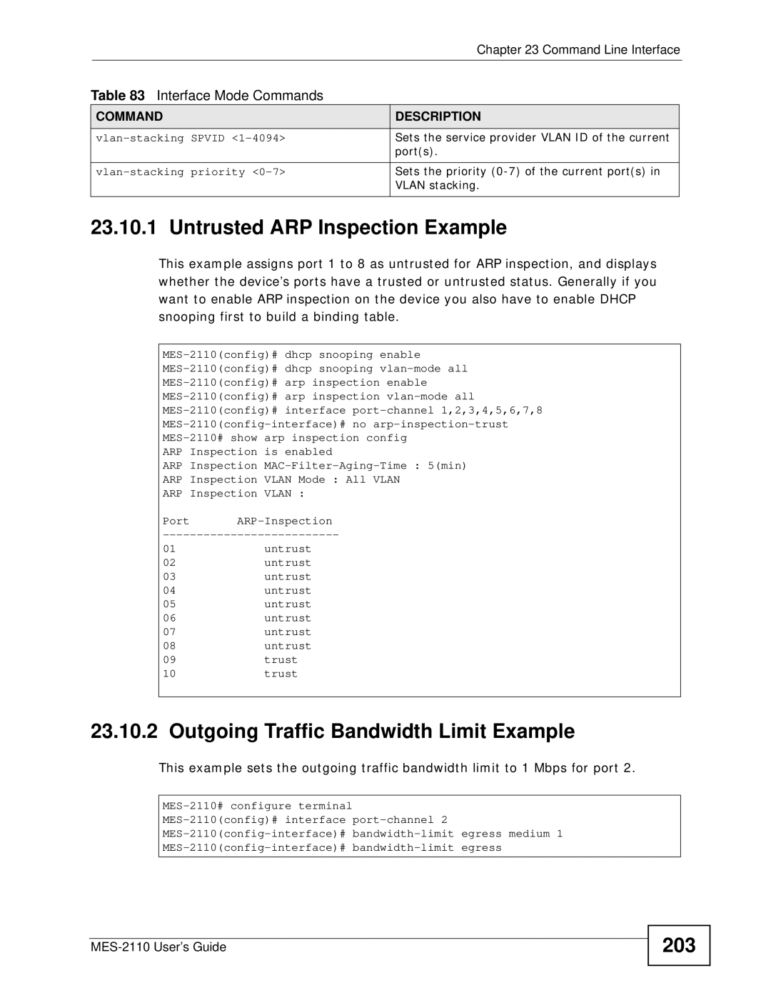 ZyXEL Communications MES-2110 manual Untrusted ARP Inspection Example, Outgoing Traffic Bandwidth Limit Example, 203 