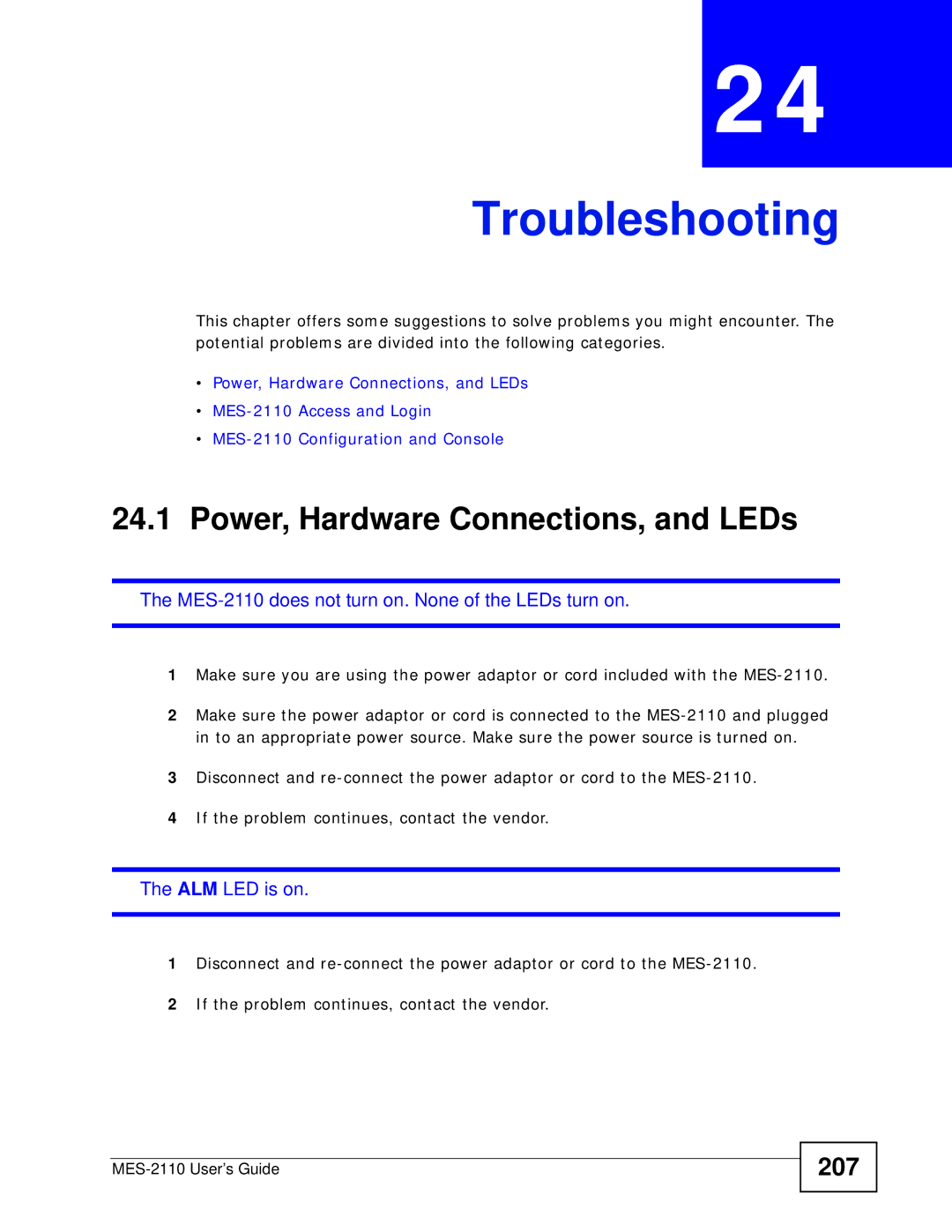 ZyXEL Communications MES-2110 manual Troubleshooting, Power, Hardware Connections, and LEDs, 207 