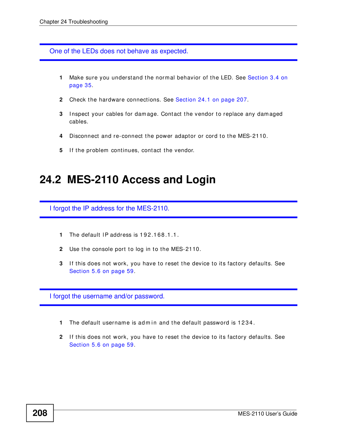 ZyXEL Communications manual MES-2110 Access and Login, 208 