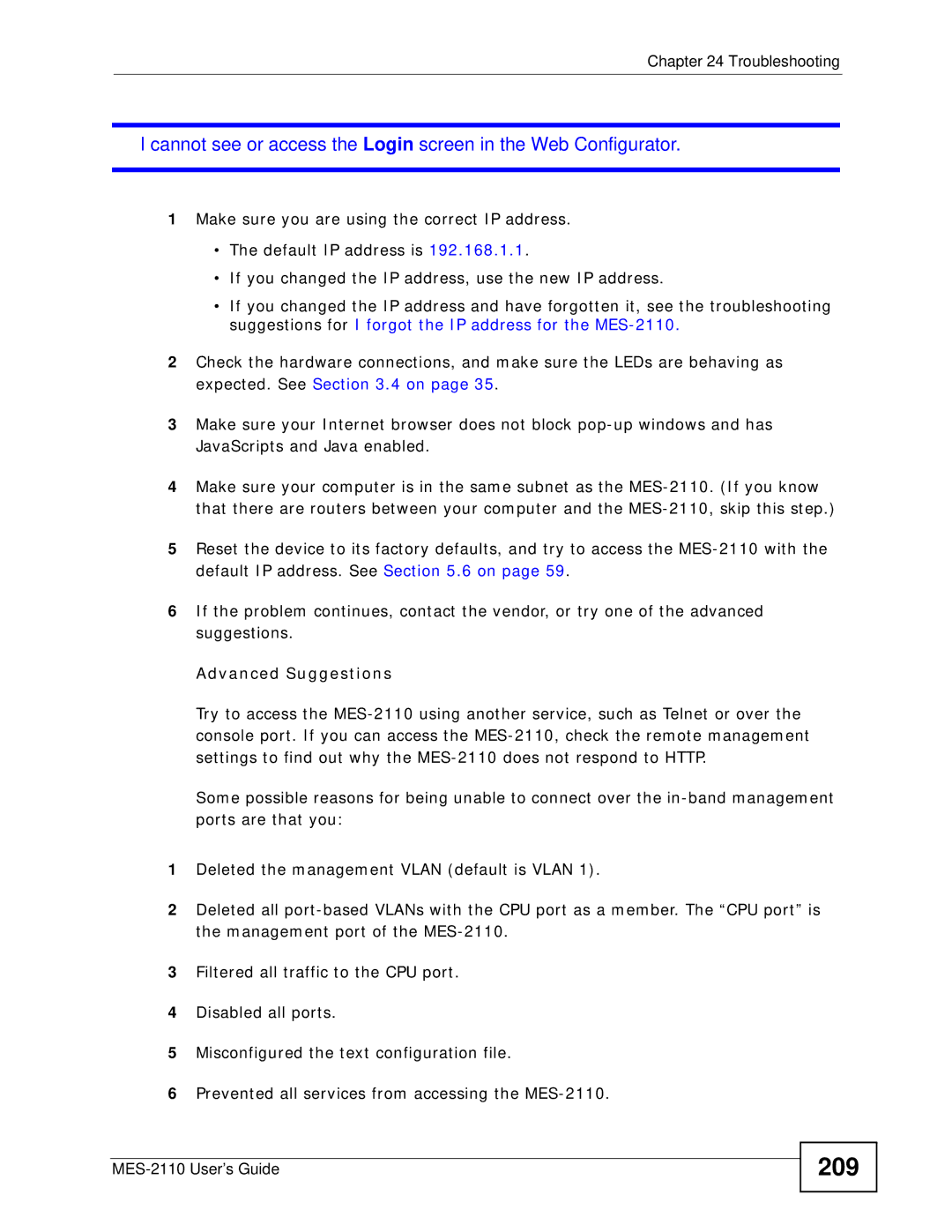 ZyXEL Communications MES-2110 manual 209, Advanced Suggestions 