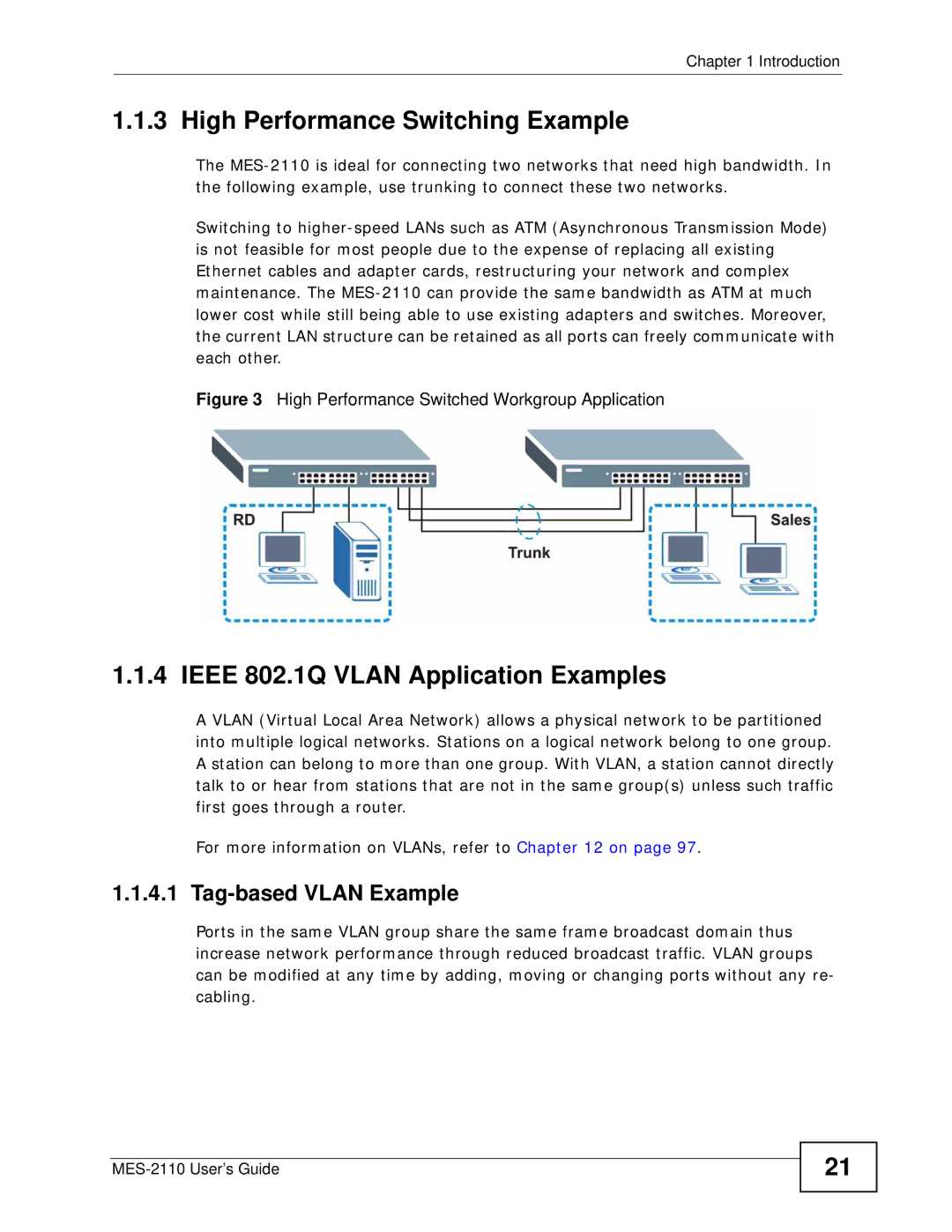 ZyXEL Communications MES-2110 manual High Performance Switching Example, Ieee 802.1Q Vlan Application Examples 