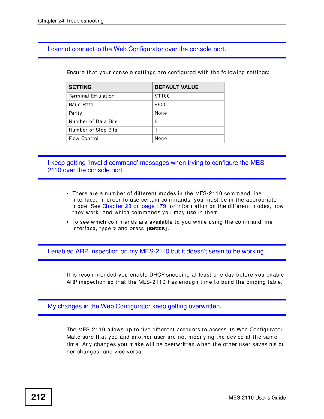 ZyXEL Communications MES-2110 manual 212, My changes in the Web Configurator keep getting overwritten 