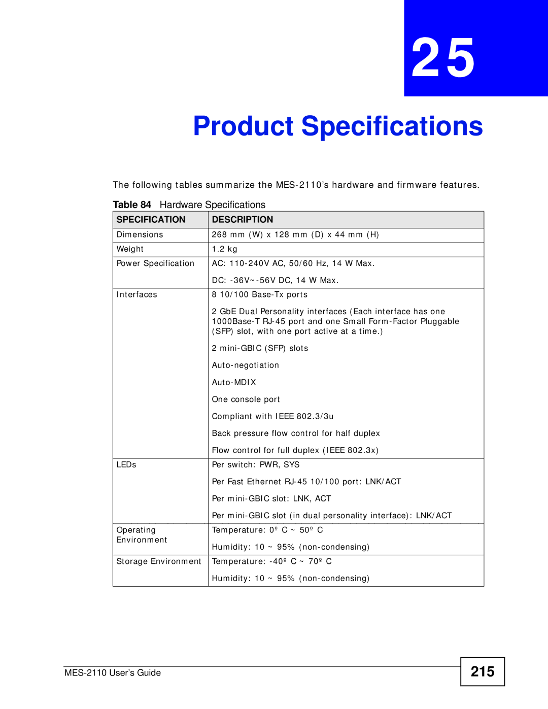 ZyXEL Communications MES-2110 manual Product Specifications, 215, Hardware Specifications, Specification Description 