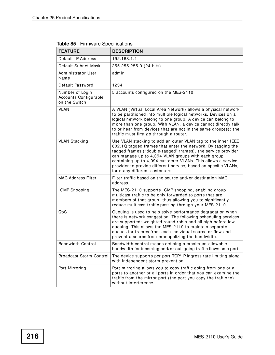 ZyXEL Communications MES-2110 manual 216, Firmware Specifications, Feature Description 