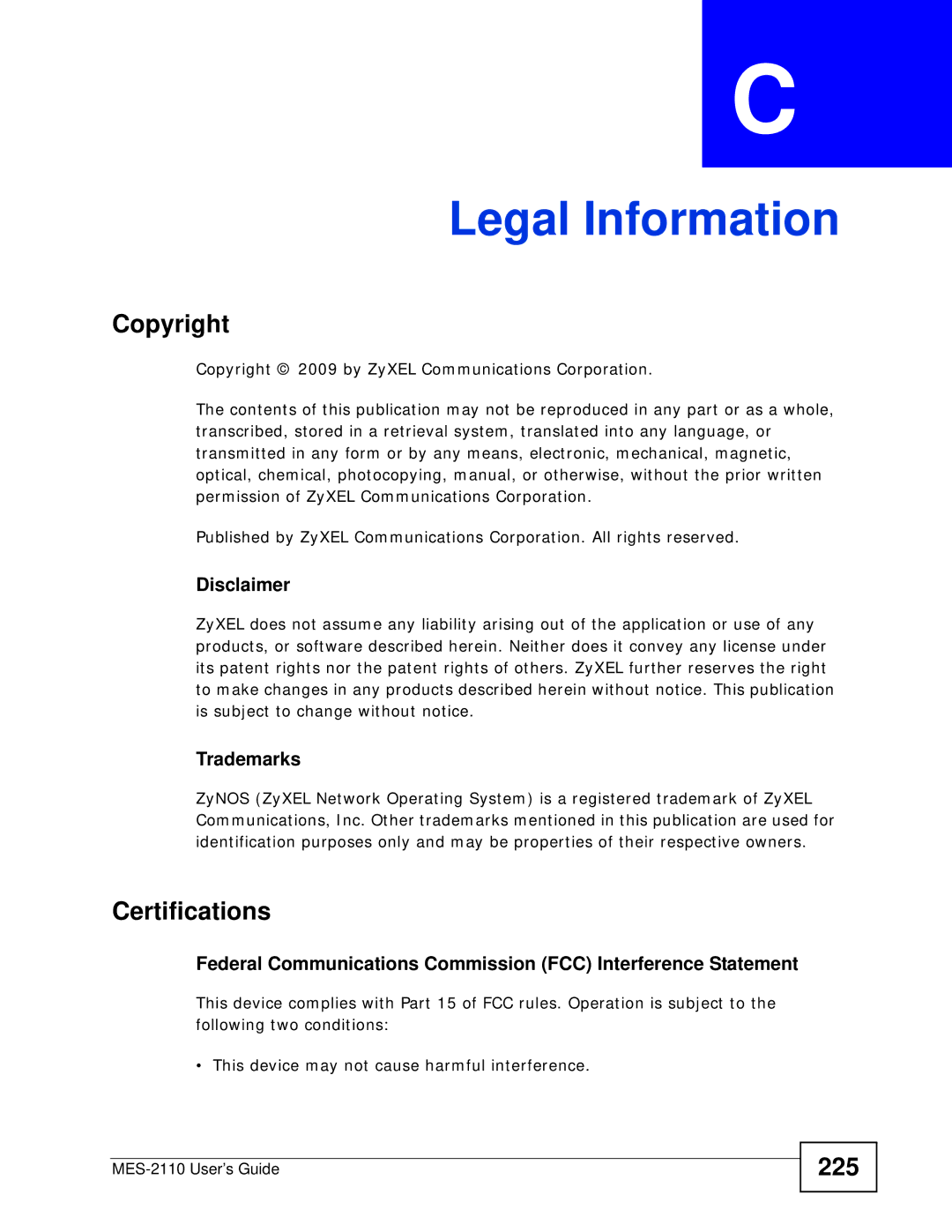 ZyXEL Communications MES-2110 manual Copyright, Certifications, 225 