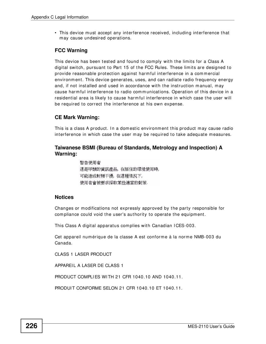 ZyXEL Communications MES-2110 manual 226, FCC Warning CE Mark Warning 