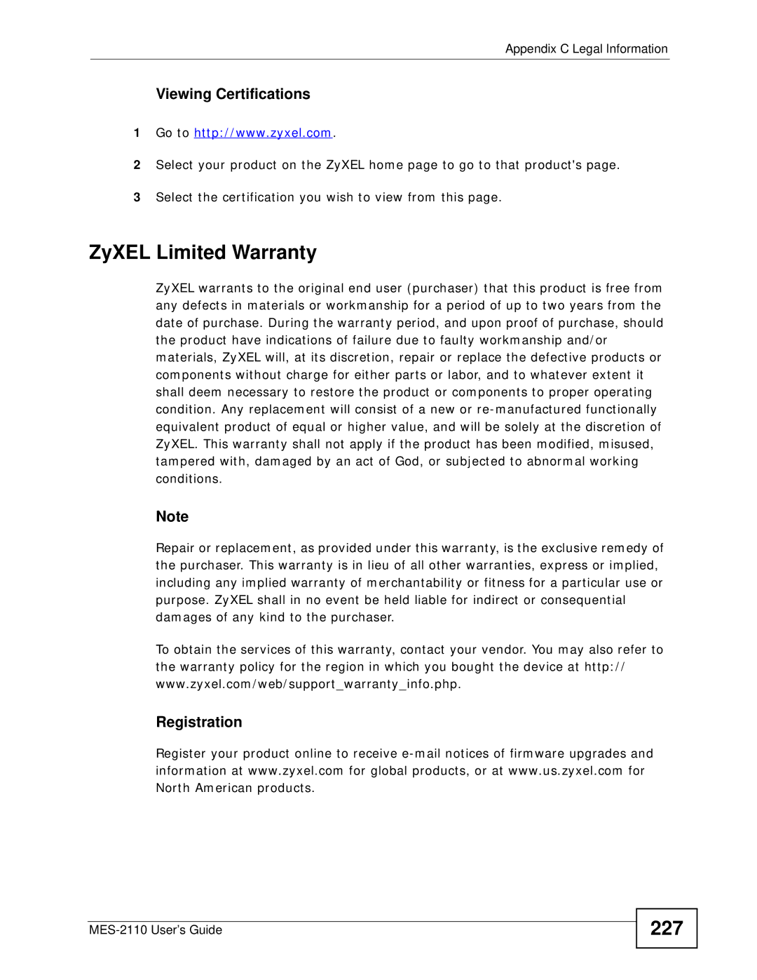 ZyXEL Communications MES-2110 manual ZyXEL Limited Warranty, 227 