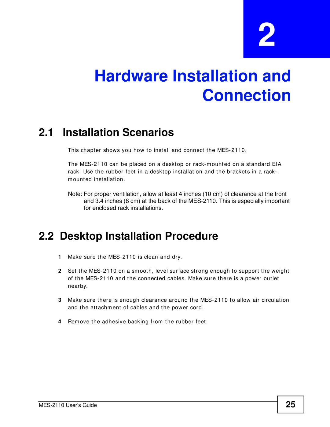 ZyXEL Communications MES-2110 Hardware Installation and Connection, Installation Scenarios, Desktop Installation Procedure 