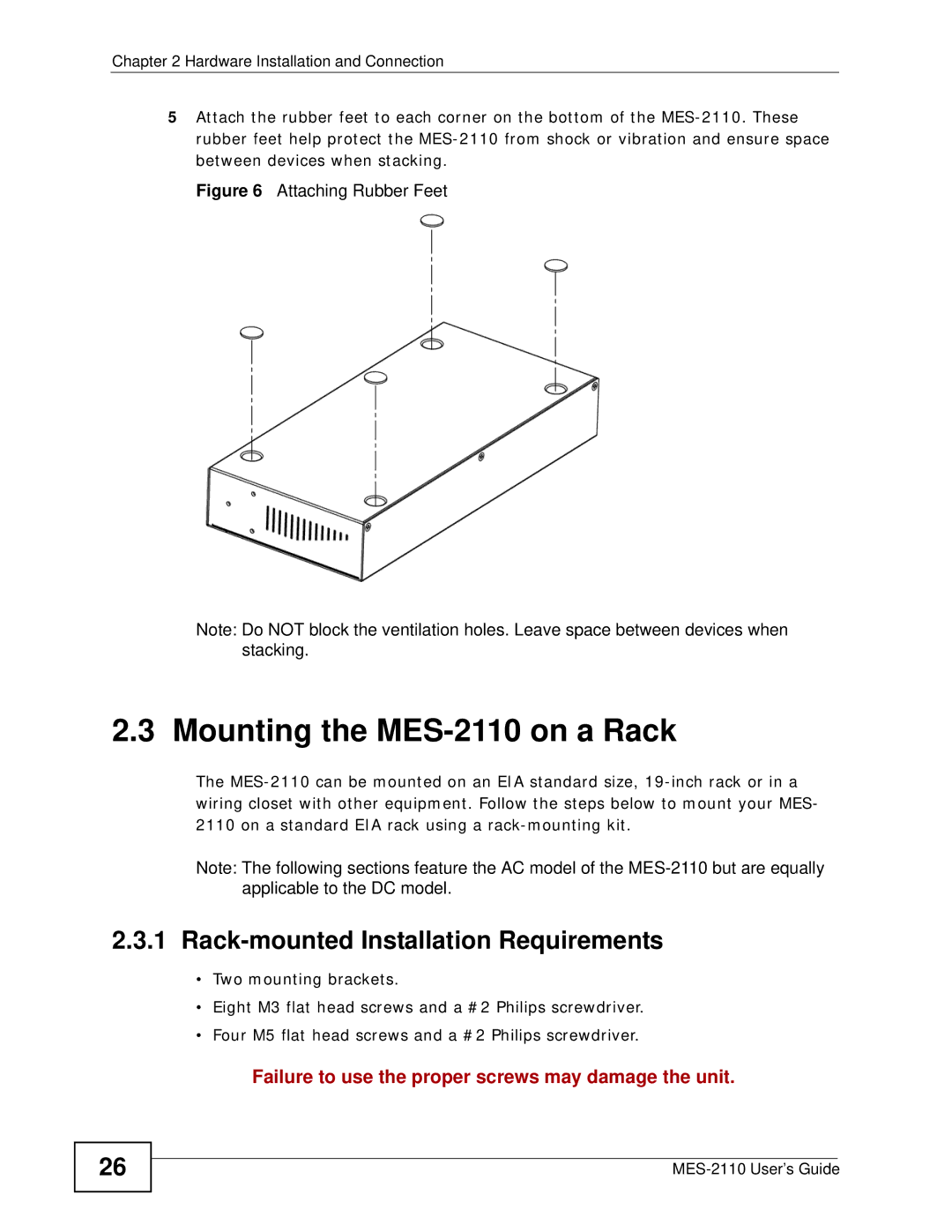 ZyXEL Communications manual Mounting the MES-2110 on a Rack, Rack-mounted Installation Requirements 