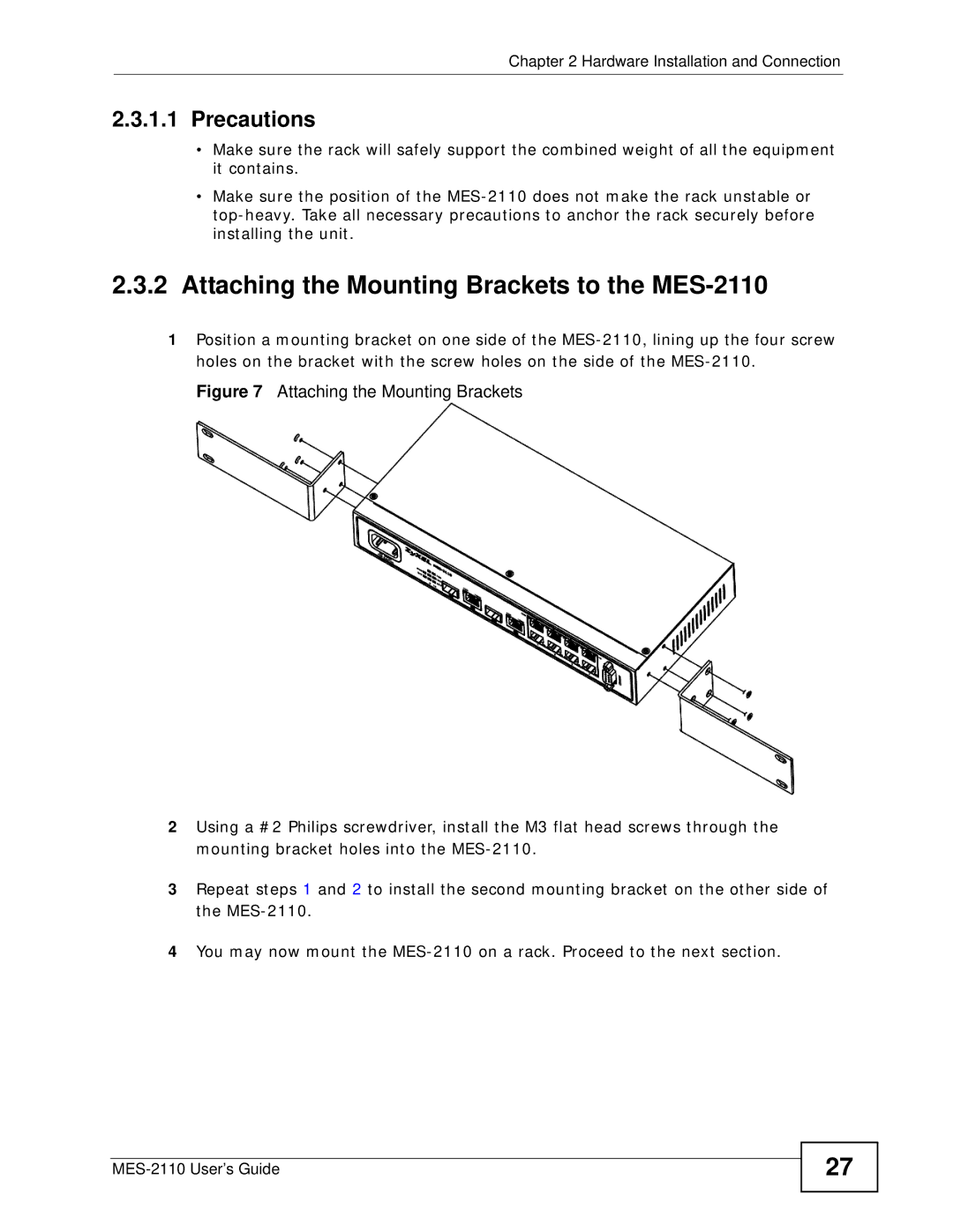 ZyXEL Communications manual Attaching the Mounting Brackets to the MES-2110 