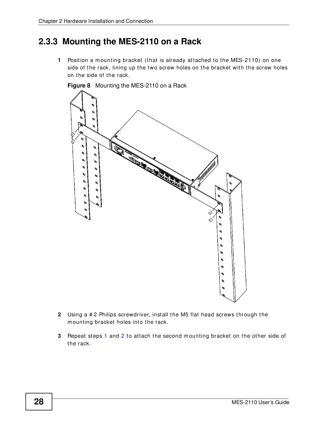 ZyXEL Communications manual Mounting the MES-2110 on a Rack 