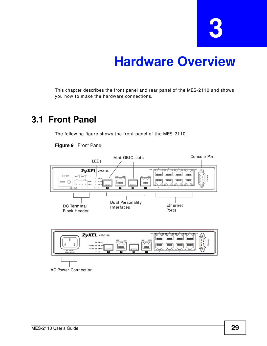 ZyXEL Communications MES-2110 manual Hardware Overview, Front Panel 